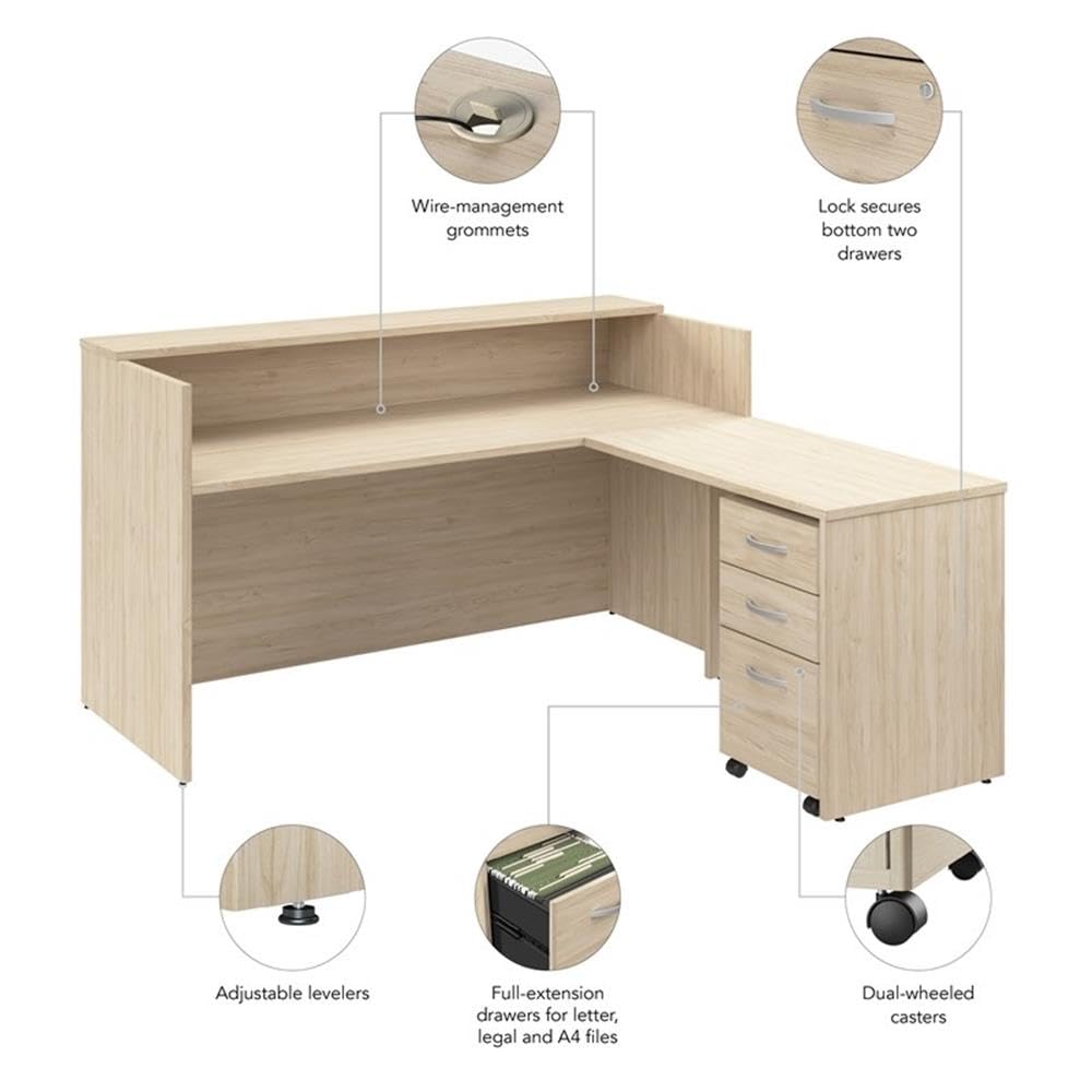 Bush Business Furniture Arrive 72W x 72D L Shaped Reception Desk with Shelf and Mobile File Cabinet in Natural Elm, Modern Receptionist Station for Office Waiting Room Bush Furniture