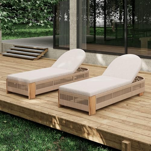 Merax 2-Piece Outdoor Chaise Lounge Chair with Adjustable Backrest & Waterproof Cushion - Acacia Wood Pool Sun Lounger for Patio, Beach, Yard, Garden, Beige