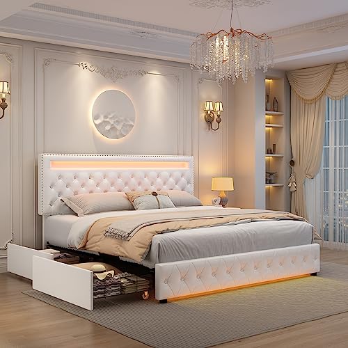 GEGOFORU Full Led Bed Frame with 4 Storage Drawers, with Smart Control RGBW LED Lights Headboard Footboard, Control DIY Color, Box Spring Optional, PU White Generic