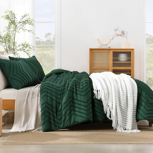 Litanika King Size Comforter Set Dark Emerald Green, 3 Pieces Lightweight Fluffy Comforter King Size Boho Tufted Comforter Bed Set Gift Choice Litanika