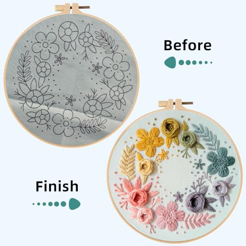 Herdiese Embroidery Kit for Beginners with Floral Garden Pattern – Easy Embroidery Kit Includes Stamped Fabric, 22 Stitches Guide, Cotton Thread, Hoop, Needles & Scissors – Craft Set