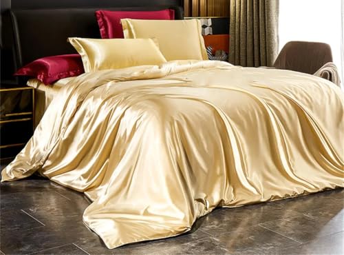 Solid Silk Bedding Set with Duvet Cover Bed Sheet Pillowcases Satin Single Double Bedsheet King Queen Size Generic