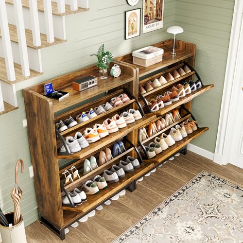 GRUSIGN Shoe Cabinet, Shoe Storage Cabinet with 2 Flip Drawers & Adjustable Shelf, Space-Saving Shoe Organizer – Holds 12+ Pairs, Narrow Shoe Cabinet Storage for Entryway/Hallway(Brown) GRUSIGN