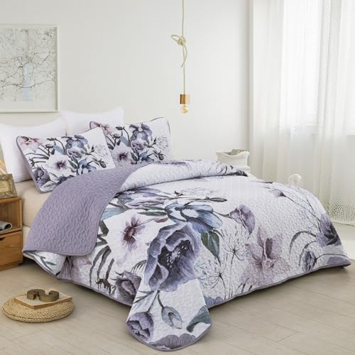 Drucon Purple Floral Quilt Set King Size 3 Pieces Purple Botanical Flower Quilt Coverlet Set Soft Microfiber Lightweight Quilted Bedspread for All Season 104"x90" Drucon