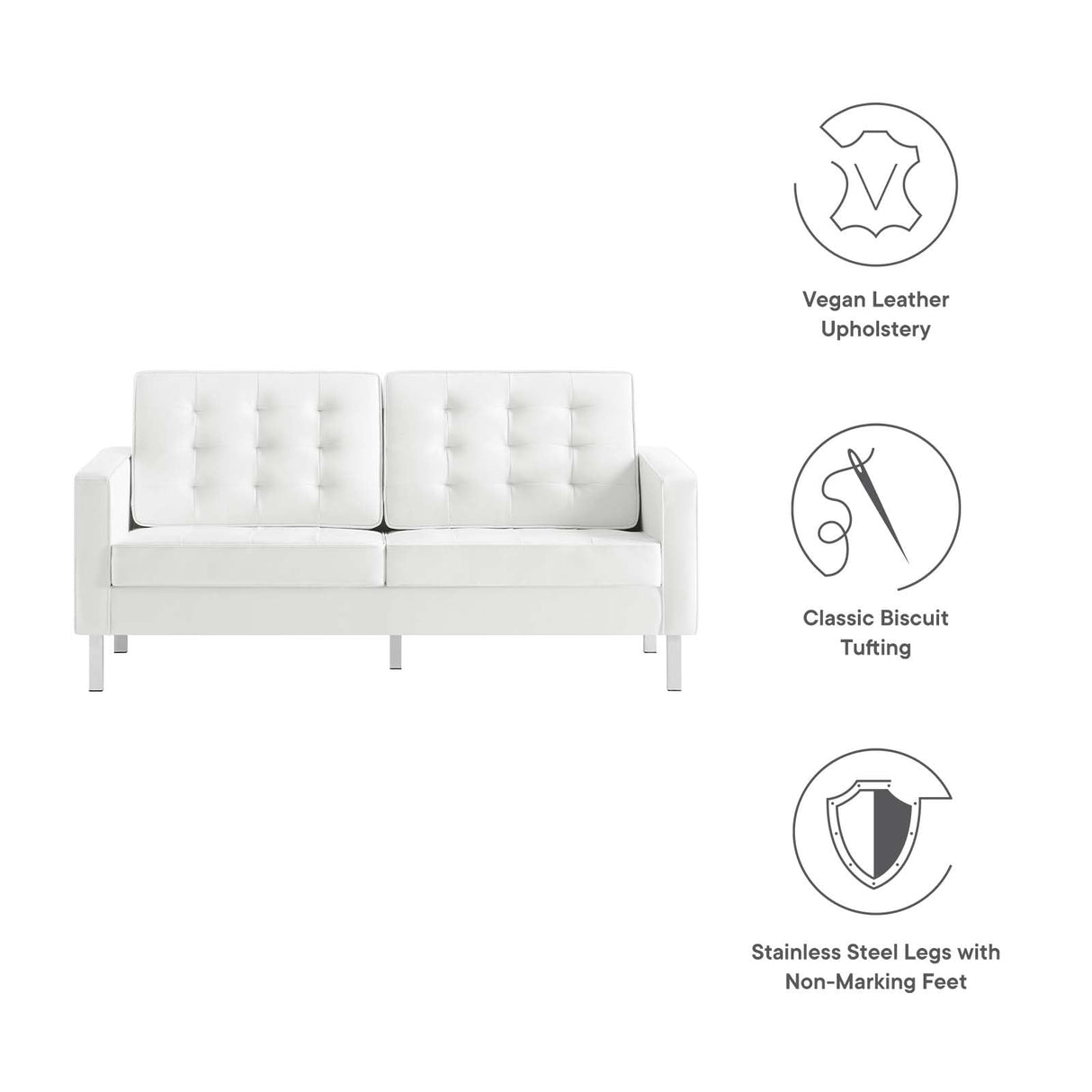 Modway Loft Tufted Button Faux Leather Upholstered Loveseat in Silver White Modway