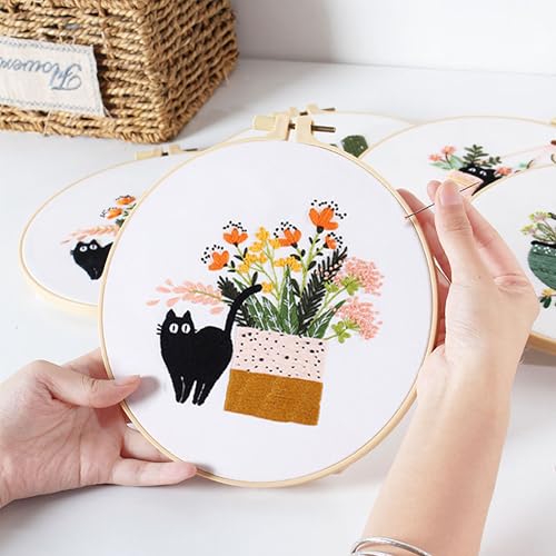 KEKEMEOW 3 Sets Embroidery Kit for Beginners, Stitches with Black Cat and Flowers, Embroidery Stitch Practice kit for Adults Craft Lover, Needlepoint Hand Embroidery Kit with Pattern、Instruction、Hoop