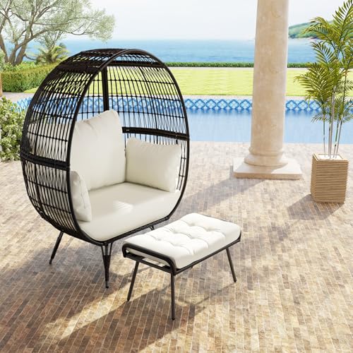 Tangkula Oversized Wicker Egg Chair with Ottoman, Patio Lounge Basket with 5 Soft Cushions, Stable Metal Frame, Gorgeous Indoor Outdoor Lounge Chair, Ideal for Living Room, Backyard, 450 LBS Max Load Tangkula