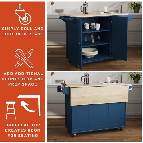 Homestyles Mobile Kitchen Island Cart with Wood Top and Dropleaf Breakfast Bar, Blue homestyles