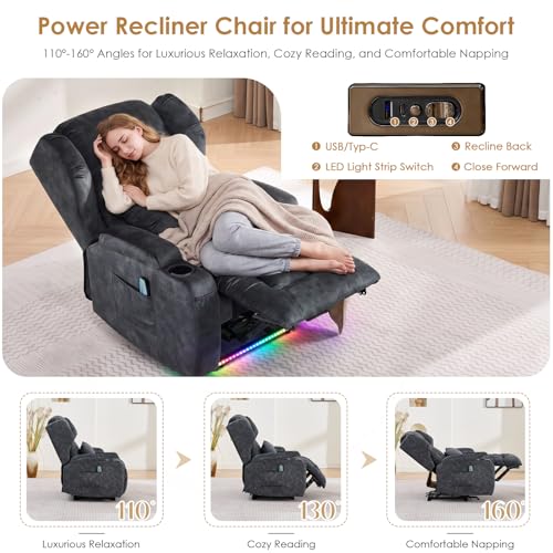 SAMERY Power Recliner Chair with Massage and Heat, Zero Wall Hugger Recliners Sofa Chair for Small Spaces, Theater Seating RV Sofa with LED Surround Lighting/USB/Cup Holders, Velvet, Charcoal
