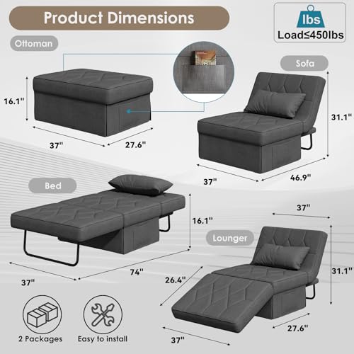 DSNAPE Convertible Sofa Bed with 5-Level Adjustable Backrest, 74" D x 37" W 4-in-1 Folding Ottoman Sleeper Chair Bed, Modern Single Futon Couch for Living Room Apartment Dorm Small Space, Dark Grey DSNAPE
