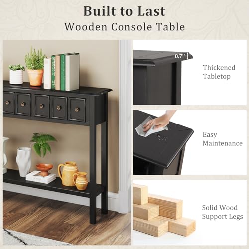 Giantex 60" Entryway Table, Long Narrow Console Table with 4 Drawers and Open Storage Shelf, Modern Slim Entry Tables, Farmhouse Wooden Sofa Tables with Anti-Tip Kit for Living Room, Hallway (Black) Giantex