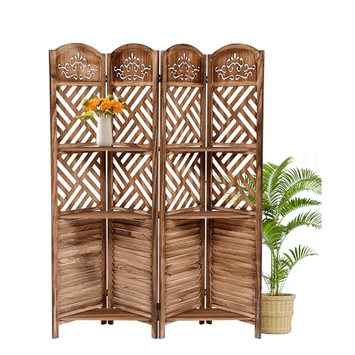4 Panel Wood Room Divider Folding Privacy Screens, Folding Screen Room Divider with Storage Shelves, Freestanding Wood Farmhouse Divider for Separation, Small Spaces Bedroom Apartment OUTLANE