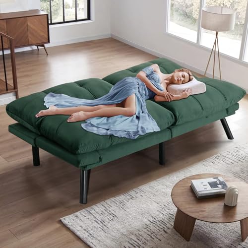SoarFlash 67 Inch Futon Double Sofa Bed, 2 in 1 Velvet Loveseat Sofa with Adjustable Backrest Memory Foam for Living Room Bedroom Office Apartment Compact Couch(Green) SoarFlash