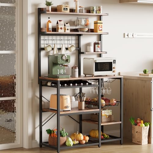 IRONCK Bakers Rack with Power Outlet, 7-Tier Coffee Bar Microwave Stand, Solve Kitchen Clutter with Wine Rack, Wire Basket and Hooks, Rustic Brown