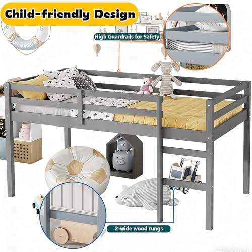 Mirightone Low Loft Bed Twin Size, Wood Junior Loft Bed Frame with Ladder for Kids Girls Boys Teens, Solid Rubberwood, Gray Mirightone