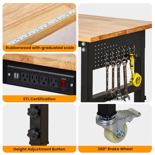 Heavy-Duty Adjustable Garage Workbench 60" L x 24" W – 2000 LBS Capacity with ETL Power Outlet, Rubberwood Top for Woodworking, Welding, Crafting & Home Office (29.5"-39.4" Height Adjust) EliteEdge