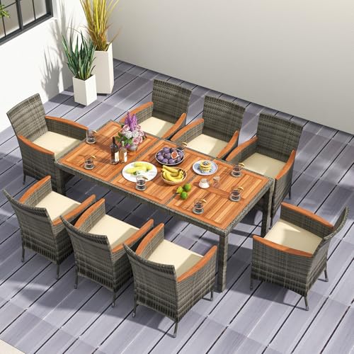 HAPPYGRILL 9 Pieces Outdoor Dining Set, Acacia Wood and Rattan Furniture Set with 1 Large Rectangular Table and 8 Chairs with Cushions, Patio Wicker Dining Table and Chairs Set HAPPYGRILL