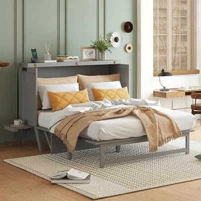 Ball & Cast Queen Size Murphy Bed W/Desk & 2 Removable Shelves,Cabinet Bed W/ 2 USB Port & Power Outlets,Wall Bed Frame for Home Office,Apartment,Guest Room,Grey