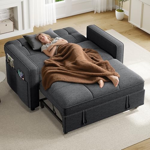 YITAHOME 55" Convertible Sofa Bed, 3-in-1 Pullout Sofa, Linen Sleeper Sofa with Reclining Backrest and Side Pocket, Modern Futon Couch for Living Room Bedroom Apartment, Grey YITAHOME