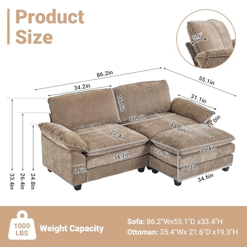VINGLI Convertible Sectional Loveseat Sofa with Deep Seat &Movable 2-Layer Ottoman, Oversized L-shape Cloud Sofa with Chaise & Armrests, 2-Seat Sofa for Small Spaces & Apartment, Chenille, Light-Brown VINGLI