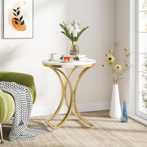 Tribesigns Set of 2 Contemporary Round Side Table, White and Gold Marble End Table (2PCS) Tribesigns