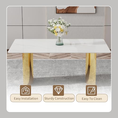 Shenyon Modern Dining Table Set for 6, White Faux Marble Glass Dining Room Set, 71” Rectangular Kitchen Table with 6 Beige Velvet Dining Chairs, Kitchen & Dining Room Set Shenyon