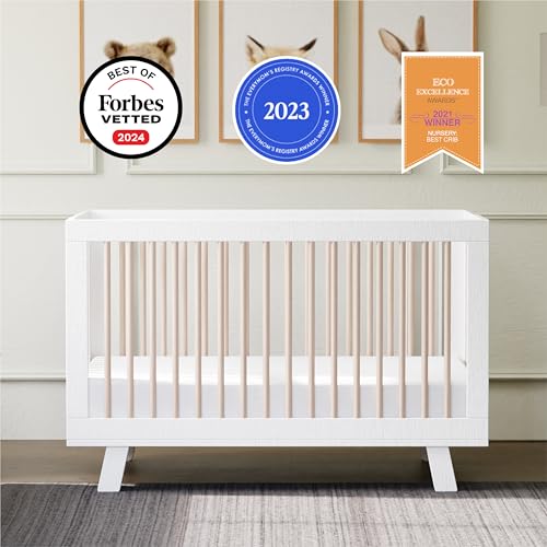 Babyletto Hudson 3-in-1 Convertible Crib with Toddler Bed Conversion Kit in White and Washed Natural, Greenguard Gold Certified babyletto