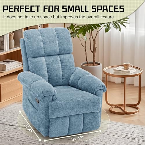 Korser Recliner Chair, Swivel Rocker Recliner Chair for Adults, Small Recliners for Small Spaces, Manual Recliner Chair with Side Pockets, Nursery Rocking Chair for Living Room, Chenille, Airy Blue
