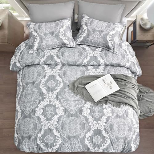 WONGS BEDDING Grey Comforter Set Queen Size, Damask Texture 7 Pieces Gray Bed in a Bag Microfiber Boho Comforter Bedding Sheet Set with Comforter, Flat Sheet, Fitted Sheet,Pillow Shams,Pillowcases WONGS BEDDING