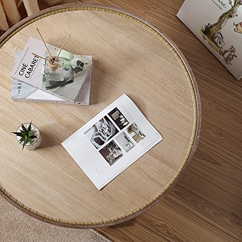 Wnutrees Farmhouse Round Coffee Table,Wood Tray Top Circle Coffee Table with Storage Shelf Rustic Style for Living Room and Vintage Finish,White Wnutrees