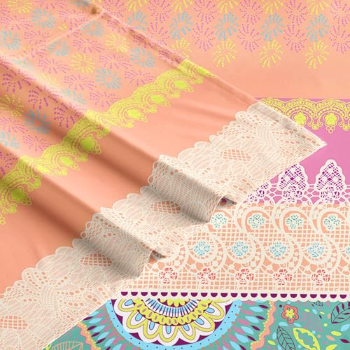 Wake In Cloud - Boho Bed Sheets, 4-Piece Sheet Set, Bohemian Chic Medallion Colorful Hippie Aesthetic Bedding, Deep Pocket, Orange Green, Queen Size Wake In Cloud