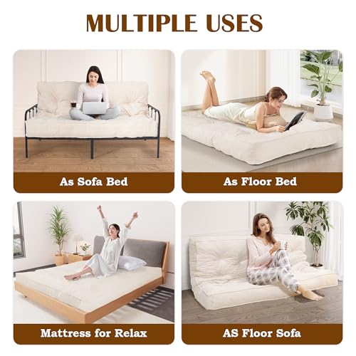 8" Futon Mattress Full Size, Floor Mattress for Adults, Foldable Sofa Couch Bed with Shredded Foam Filling, Comfy Sleeping Mat for Guest, Camping, Dorm, White(Frame Not Included), 54" x 80" Bliss Homey