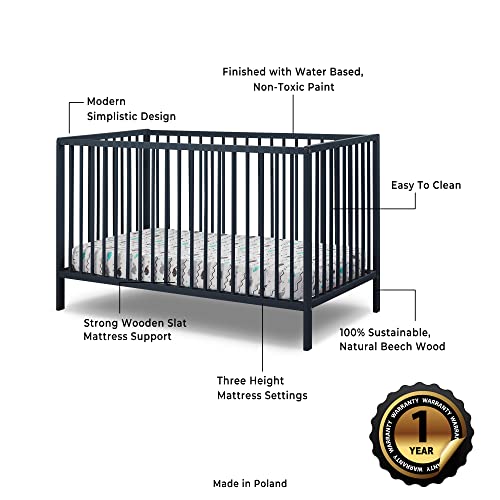 Sorelle Furniture Happy Crib 3-in-1 Convertible Crib, Made of Sustainable Beech Wood, Wooden Baby Bed, Toddler Bed and Child’s Daybed, Simplistic Nursery Furniture (Midnight) Sorelle