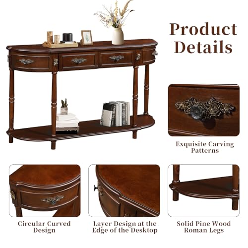 HMFULE Retro Curved Console Table, 52" Half Moon Console Table Sofa Table Entryway Table with 2 Drawers 1 Open Shelf Solid Pine Legs for Living Room,Entryway,Hallway,Cherry HMFULE