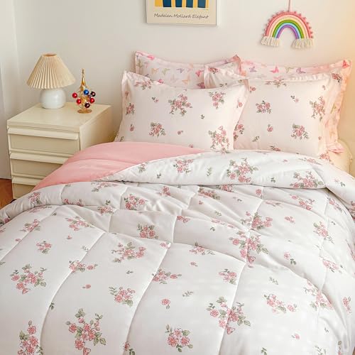 Joyreap Twin Size Comforter Set for Girls, Floral Pink n White Design, 3pcs Microfiber Princess Bedding Comforter Set for All Season- 68x88 inches Joyreap