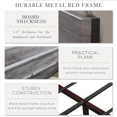 King Size Metal Bed Frame with Wood Headboard & Footboard – No Box Spring Needed, Easy Assembly in Grey Augensternchen