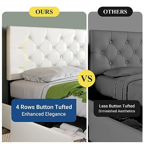 Allewie Upholstered Full Size Platform Bed Frame with 4 Storage Drawers and Headboard, Diamond Stitched Button Tufted, Mattress Foundation with Wooden Slats Support, No Box Spring Needed, White Allewie