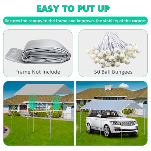 12 x 20 Ft Carport Replacement Canopy Cover Garage Top Tent Shelter Tarp,200G Heavy Duty Car Port Canopy Tent,Grey Waterproof and UV Protected Tarp with 50 Ball Bungees (Frame Not Include) ZAZTLL