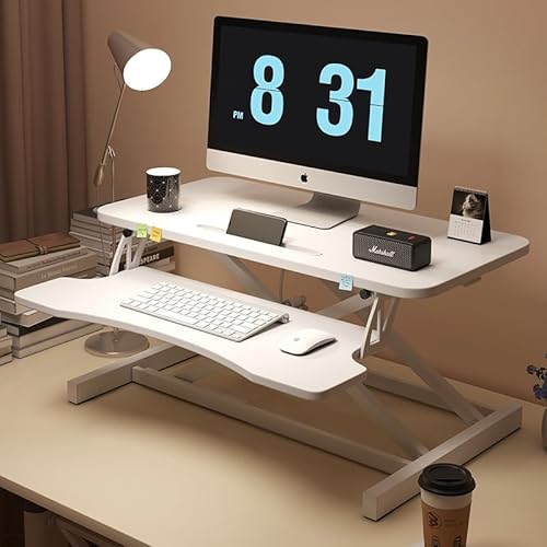 Xinmviec 32" Standing Desk Converter, Height Adjustable Sit to Stand Riser with Gas Spring Lift, Dual Monitor and Laptop Workstation with Wide Keyboard Tray for Home & Office (White) Xinmviec