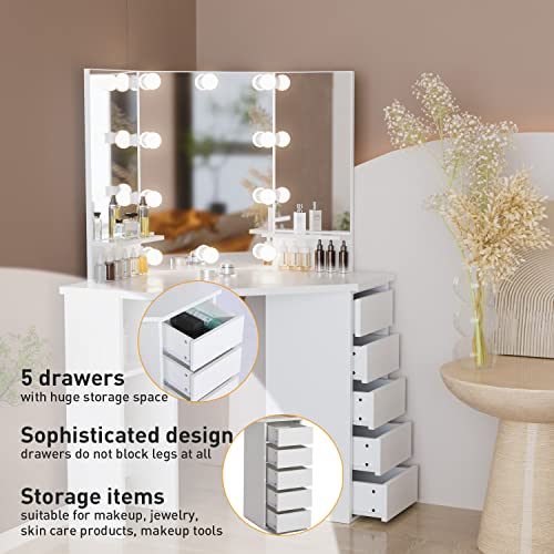 Likein Corner Makeup Vanity Desk with Mirror and Lights, Bedroom Vanity Table with Lighted Mirror 5 Drawers and Storage Shelf for Women Girls White Likein