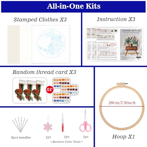 ZuoAnLF 3 Set Embroidery Starter Kit Printed Cross Stitch Kit with Plant Shelf Patterns for Adults, Home Decor and Gifts