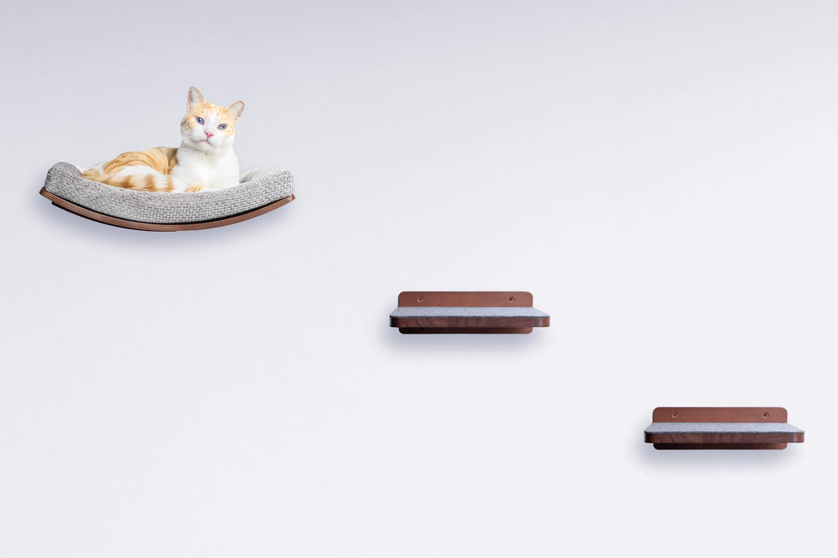 Kerwis Premium Cat Shelves – Cat Shelf in Walnut Brown with Replaceable Carpet with 2 Pine Wood Steps (3pcs). Sturdy Perches for Wall for Lounging and Playing, Cat Hammock Bed Furniture for Cats Kerwis