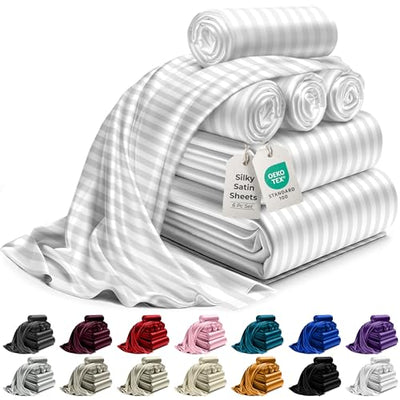 DECOLURE Satin Bed Sheets - 6 Piece Luxury Silky King Size Bedding Set - Softer Than Silk, Wrinkle-Free with 15” Deep Pocket Fitted Sheet, Perfect for Hair & Skin, Gifts for Women (Striped White)