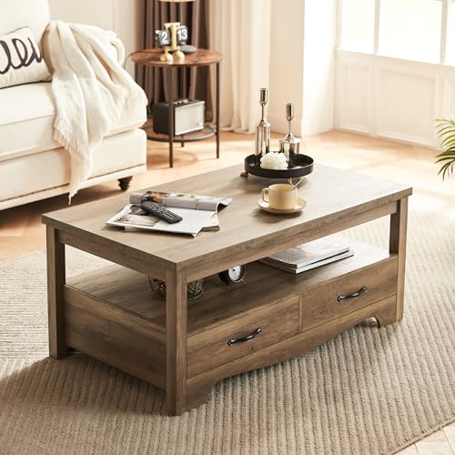 LINSY HOME Farmhouse Coffee Table with Storage, Wood Coffee Table for Living Room, Open Display Area and Storage Drawers with Metal Handles, Chic Style with Curved Base. Brown LINSY HOME
