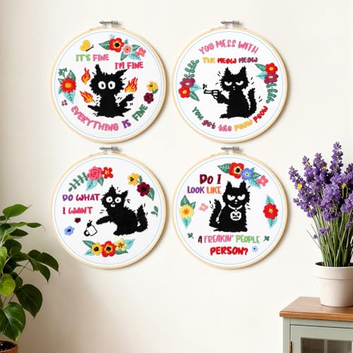 Rivvlive 4 Sets Funny Cat Embroidery Kit with Embroidery Hoop Pattern Needlepoint Kit for Beginners and Adults Needlepoint Crafts Set with Needles Thread and Instruction DIY