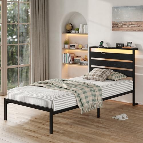 CollaredEagle Bed Frame with Headboard and Footboard,Heavy Duty Steel Slats Support Metal Bed Frame with Charging Station (Black, Twin) CollaredEagle