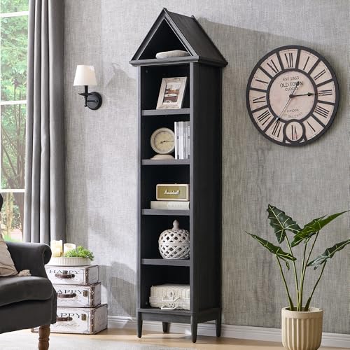 IFGET 75.9" Tall Farmhouse Bookcase, Angle Arched 5 Tiers Narrow Bookshelf Cabinet with Adjustable Shelves, Modern Wooden Geometric Book Shelf w/Display Storage for Living Room, Office-Dark Grey IFGET