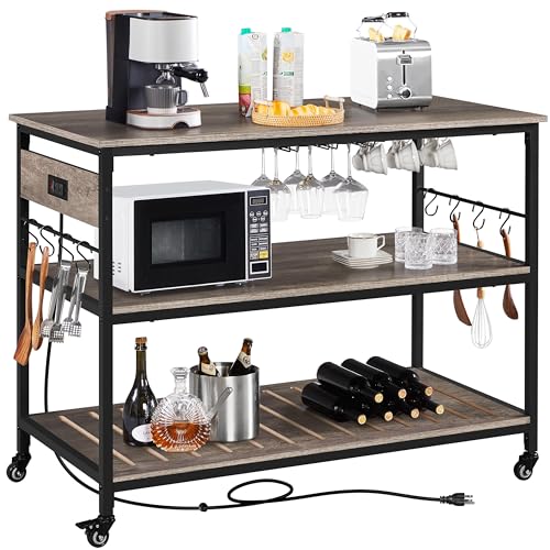 Yaheetech Kitchen Cart with Power Outlet, Rolling Kitchen Island on Wheels with Glass Holder & Hooks, Utility Trolley Cart Coffee Bar Microwave Stand Cart with Lockable Casters, Taupe Wood Yaheetech
