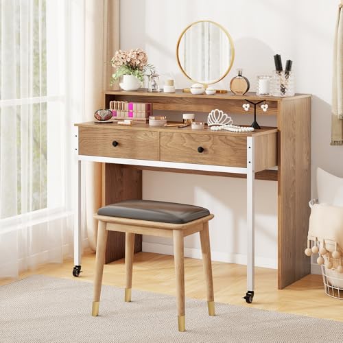 Tangkula Extendable Computer Desk with 2 Drawers, Small Writing Desk with Pull Out Secondary Desk, Console Table, Wood Study Workstation, Laptop Desk for Small Space Home & Office (Natural) Tangkula