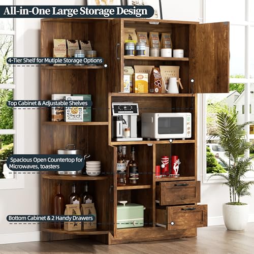 SUNLEI 60.4" Tall Kitchen Pantry Storage Cabinet with Microwave Shelf, Freestanding Farmhouse Kitchen Pantry, Wooden Pantry Cupboard Storage with Drawers and Open Shelves for Dining Room, Brown SUNLEI